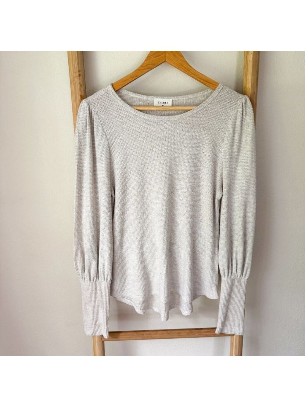 Everly Oatmeal Cream Waffle Knit Puff Sleeve Top Balloon Sleeve Sweater Large